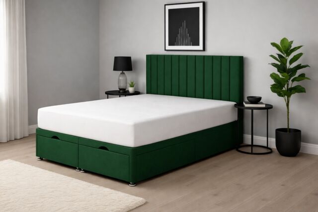 Ottoman Apollo Green Plush Foot Lift Divan Bed 5ft Kingsize with Mattress and Headboard