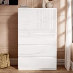Keaton Gloss White 5 Drawer Tower Freestanding Chest Of Drawers (40 x 121 x 60cm - D x H x W) White White 1