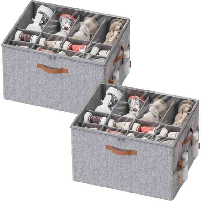 Set of 2 Shoe Storage Boxes, Wardrobe Organisers with Clear Covers, Adjustable Dividers and Carry Handles, Dove Grey
