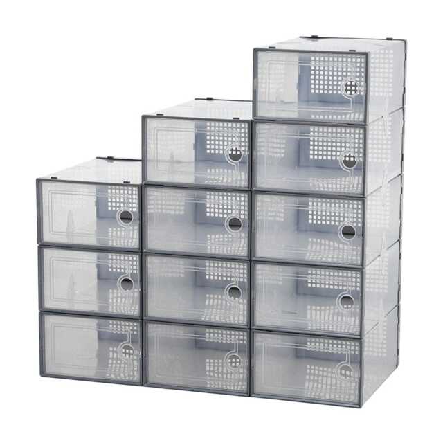 Living and Home 12x Stackable Shoe Storage Box Organiser - Grey