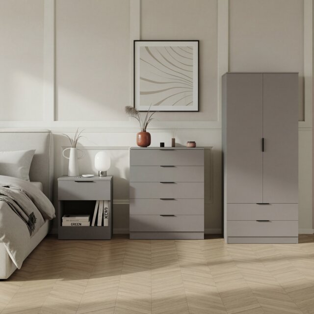 Vida Designs Trega 3 Piece Bedroom Set (1 Drawer Bedside Chest, 5 Drawer Chest, 2 Door 2 Drawer Wardrobe) Grey