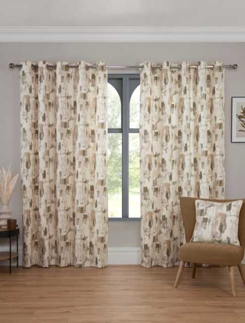 Bamford - Fully Lined Abstract Curtains - Eyelet - Polycotton (Putty, 90'' x 90'' - 229cm x 229cm (Pair)) Brown Putty (W) 228cm x (L) 228cm