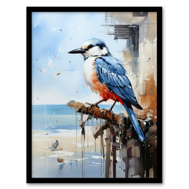 Blue Bird by Beach Portrait Oil Home Decor Black Framed Wall Art Print A4