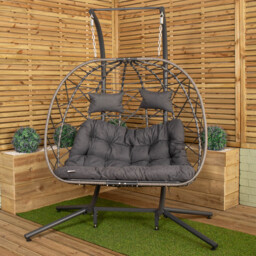 Samuel Alexander 2 Seater Hanging Garden Rattan Egg Chair with Steel Frame and Waterproof Cover in Grey Grey Grey