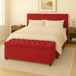 120cm Chesterfield Plush Velvet Red Upholstered Storage Ottoman Bench - Deep Tufted Lid & Wooden Leg