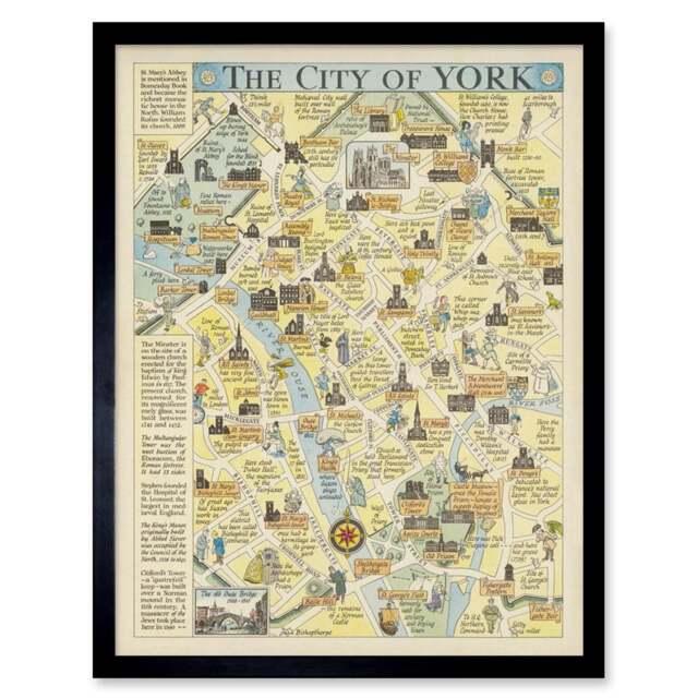 "Map Sayer 1948 York City Streets Pictorial 12x16"" Framed Wall Art Print"