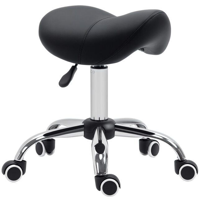HOMCOM Cosmetic Stool 360 Rotate Height Adjustable Salon Massage Spa Chair Hydraulic Rolling Faux Leather Saddle Stool Mobility, Black