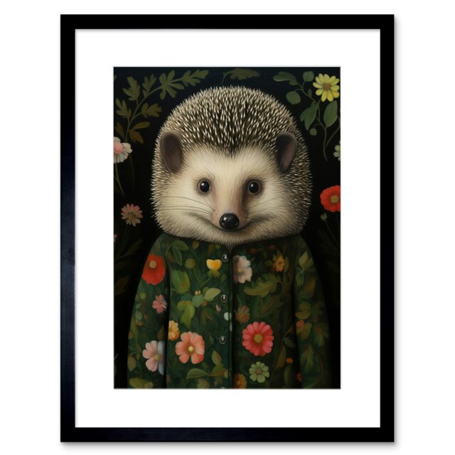 "Hedgehog Floral Fun Kids Bedroom 9x7"" Black Framed Wall Art Print"