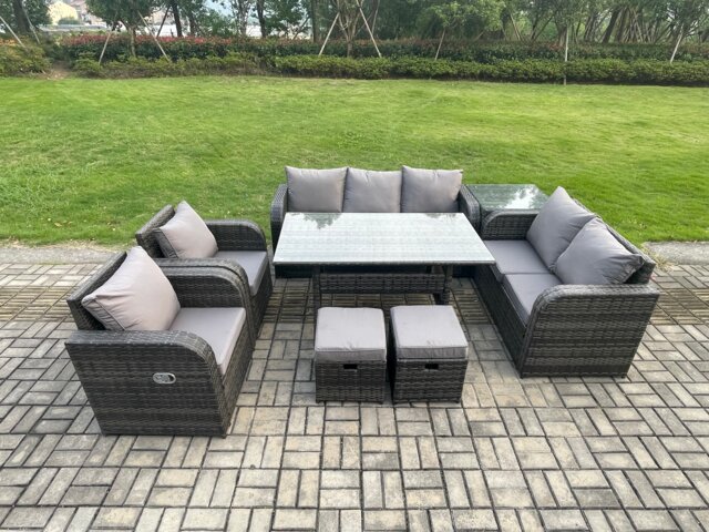 Fimous Dark Grey PE Wicker Rattan Garden Furniture Set Reclining Chair Love Sofa 2 Seater Sofa Set Outdoor Rectangular Dining Table 2 Small Footstools Side Tables 9 Seater