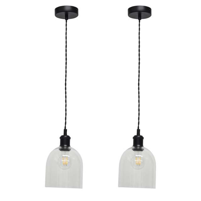 Set of 2 Belten - Clear Glass Cloche Black Retro Pendant Fittings