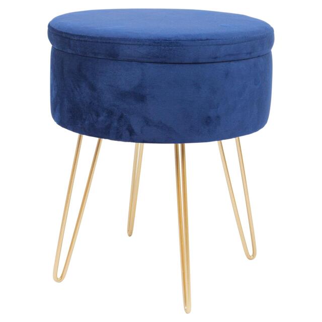 Harbour Housewares Velvet Storage Footstool - Round Modern Dressing Table Footstool Vanity Seat Chair - 45 x 36cm - Blue/Gold Blue Blue/Gold Pack of 1 1