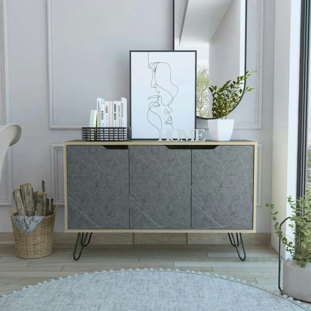 Manhattan Medium Sideboard in Brown Wood and Stone Effect - 3 Doors with Metal Hairpin Legs Brown Brown One Size 1