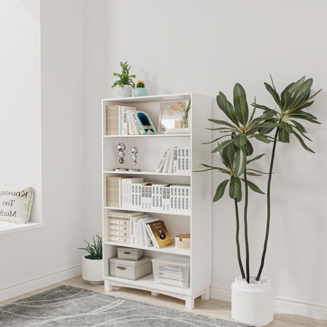 Wide Shelf Tier Wooden Bookcase Shelving Modern Open Display Storage Cabinet White White 5 Tier Wide 1