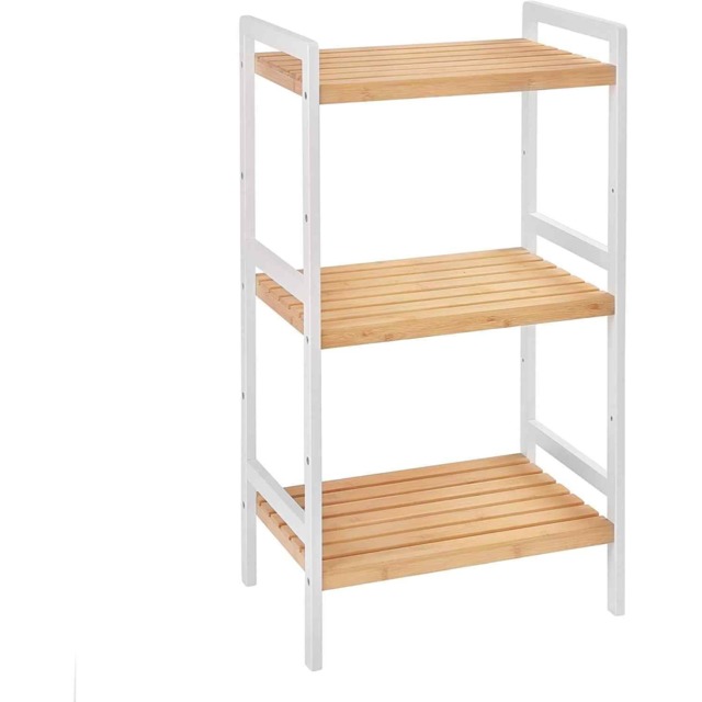 Bamboo Storage Shelf with 3 Tiers, Multipurpose Organiser for Bathroom, Kitchen and Bedroom, Natural and White