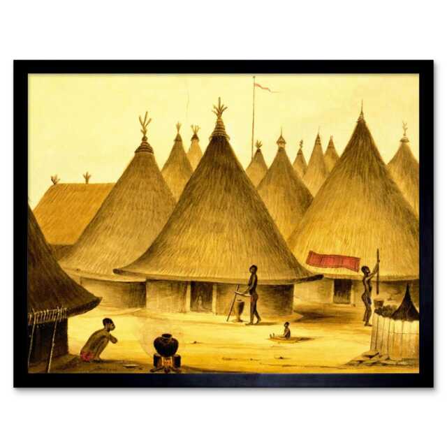 Landscape African Native Village Hut Pot Fire Spear Framed Wall Art Print