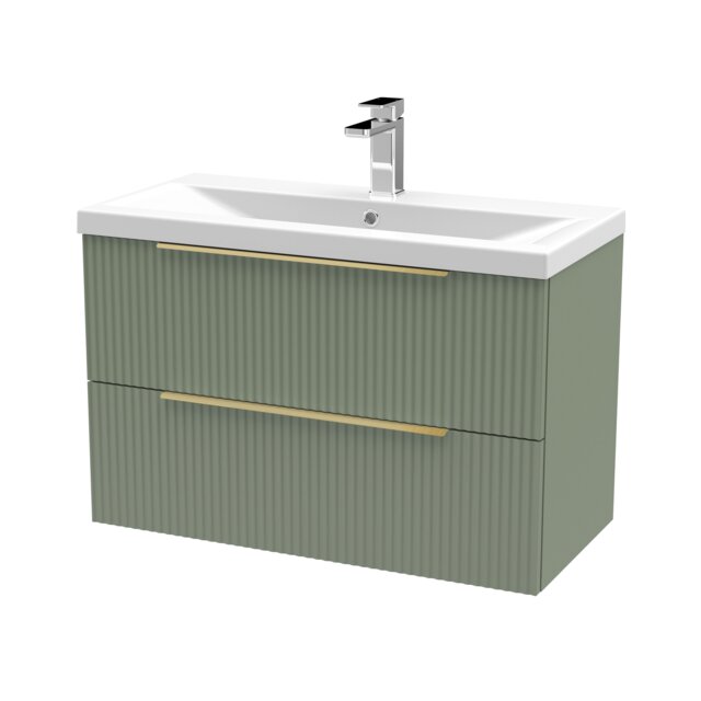 Balterley Fluted Front Wall Hung 2-Drawer Bathroom Vanity Unit with 1 Tap Hole Basin, Handles Green Satin Green