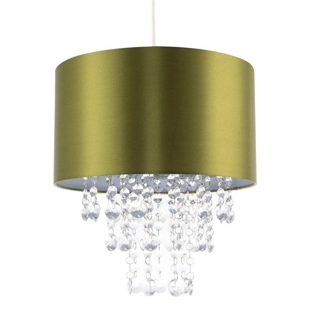 Modern Olive Green Satin Fabric Pendant Shade with Clear Acrylic Drops