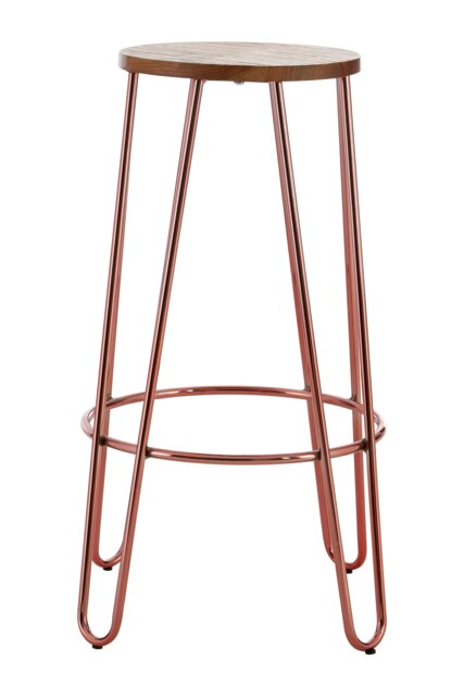 Orsina Rose Gold Metal and Elm Wood Round Bar Stool, Hairpin Stool, Sturdy Stool for Bar, Kitchen Counter