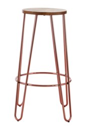 Orsina Rose Gold Metal and Elm Wood Round Bar Stool, Hairpin Stool, Sturdy Stool for Bar, Kitchen Counter