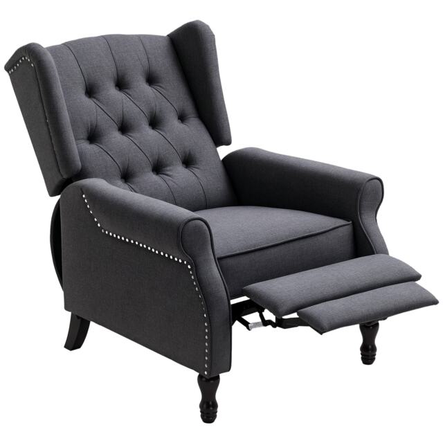 HOMCOM Recliner Armchair, Vintage Reclining Chair with Nail Head Trim, Wingback Chair with Button Tufted Back and Footrest, for Living Room, Dark Grey