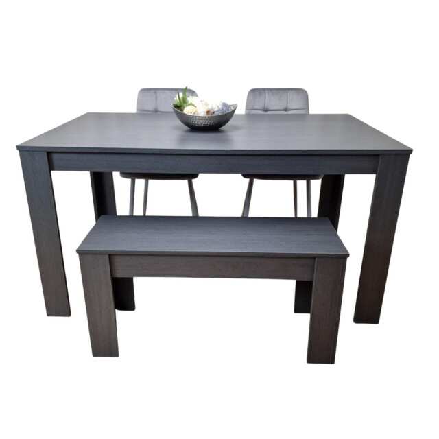 Dining Set Wooden Table with Bench and 2 Dark Grey Velvet Chairs