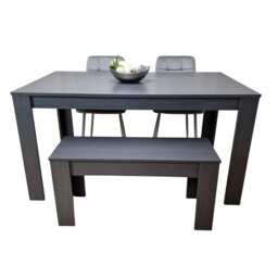 Dining Set Wooden Table with Bench and 2 Dark Grey Velvet Chairs