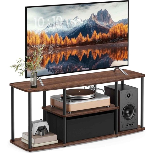 TV Stand with Shelves, Entertainment Unit for Living Room and Bedroom, Tool-Free Assembly, Natural Walnut and Ink Black