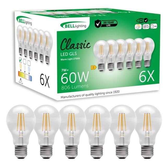 BELL Lighting E27 Edison Screw Dimmable LED Filament GLS 7W Light Bulb White Warm White - 2700K 6