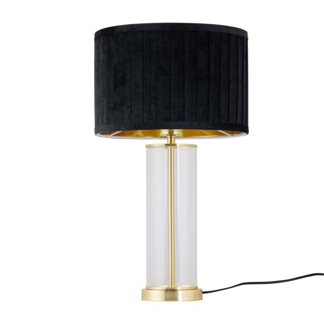 Aura - Satin Brass Table Lamp with Black Pleated Velvet Shade Gold Satin brass plate with clear glass detail and black velvet 1