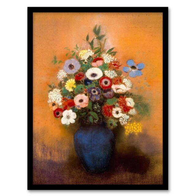"Anemones and Lilacs in Blue Vase Redon Vintage Framed Wall Art Print 12X16"""