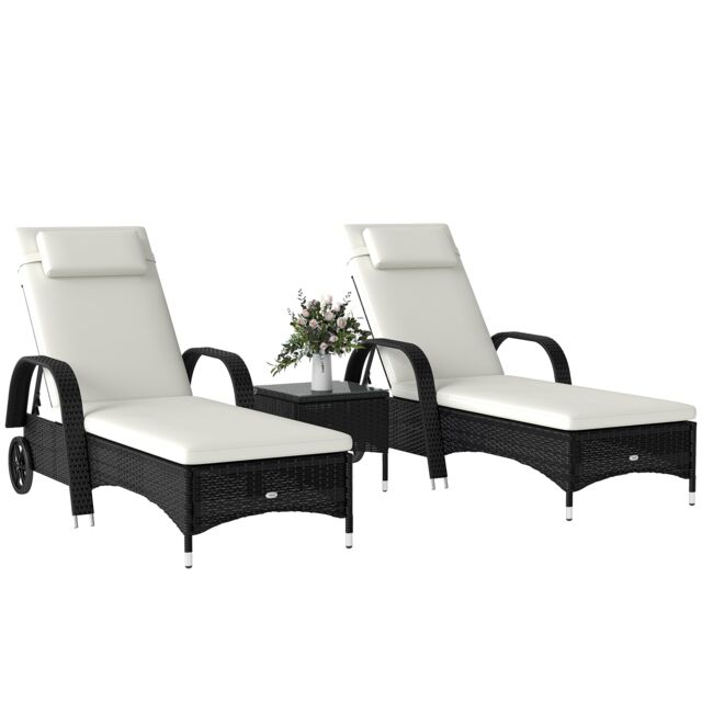 Outsunny 3 PCS Rattan Lounger Recliner Bed Garden Furniture Set w/ Side Table Black Black