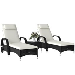 Outsunny 3 PCS Rattan Lounger Recliner Bed Garden Furniture Set w/ Side Table Black Black