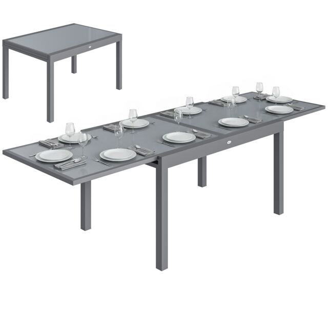 Outsunny Aluminium Extending Garden Table, Glass Top Dining Table, Grey Grey Grey, Dark Grey 135/270 x 90 x 75 cm