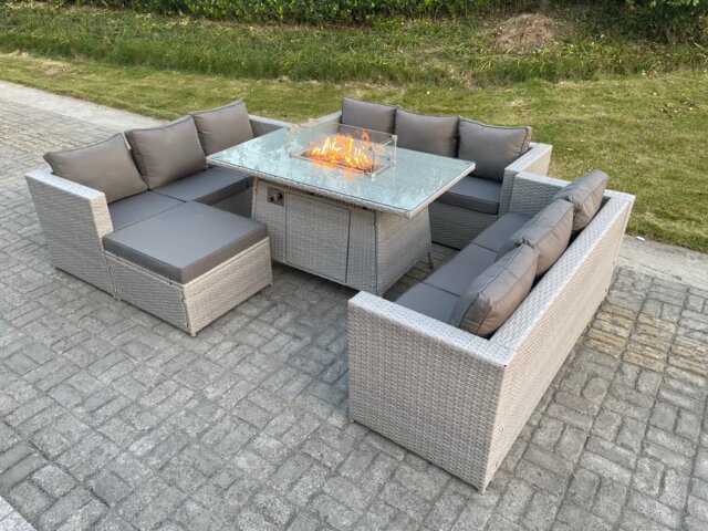Fimous Light Grey U Shape Lounge Sofa Dining Set With Gas Fire Pit Rattan Garden Furniture Set Heater Burner Big Footstool