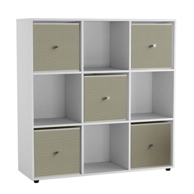 9 Cube Wooden Bookcase Shelving Unit with 5 Collapsible Fabric Drawers Multi White & Beige 1