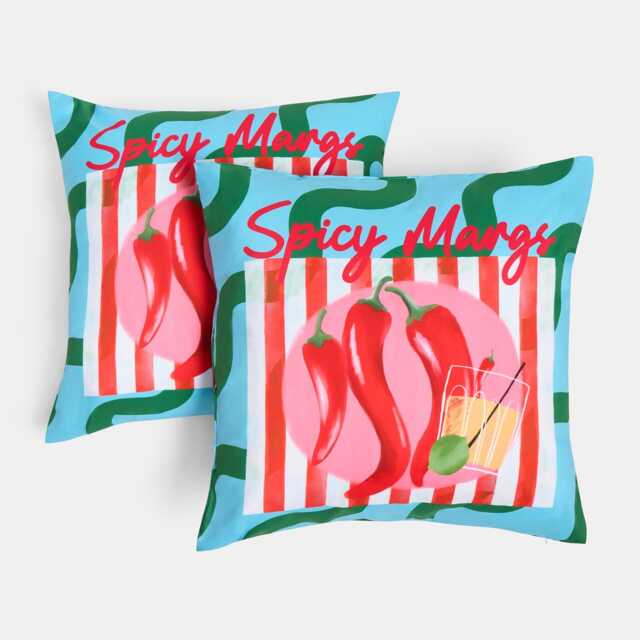 OHS 2 x Spicy Margs Garden Cushion Covers Outdoor Water Resistant Multi Blue/Green