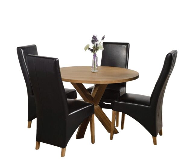 Oregon Round Oak Dining Table and 4 Lola Leather Chairs Black Black 1