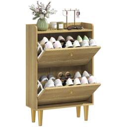 HOMCOM Narrow Shoe Cabinet, Shoe Storage Cabinet with 2 Flip Drawers, Oak Brown Oak with gold accents 60 x 24 x 92 cm