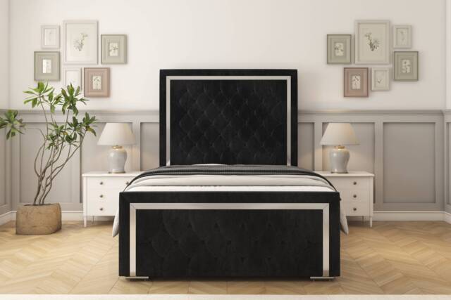 "Sloomy Sofia Chrome Black Naples Bed Frame With 50"" Upholstered Headboard 4'6 Double"