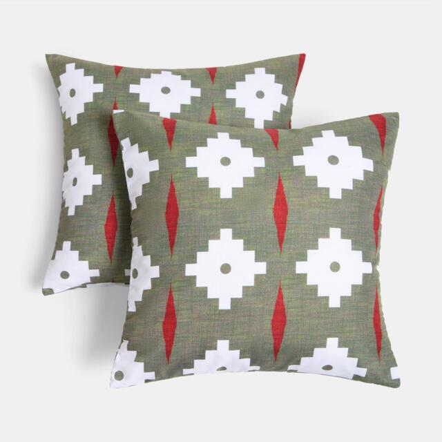 OHS 2 x Geo Print Garden Cushion Covers Outdoor Water Resistant Green Olive
