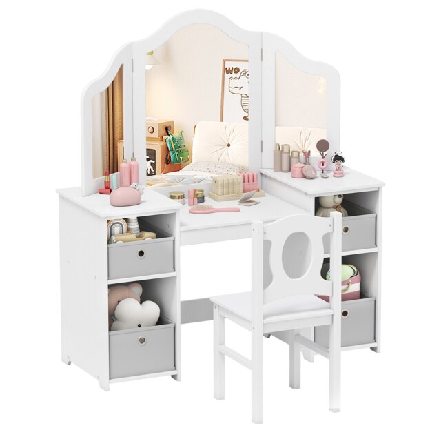 COSTWAY Kids Vanity Desk & Chair 2 in 1 Toddler Makeup White