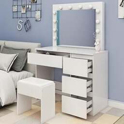 White Dressing Table Hollywood LED Mirror Makeup Desk Vanity Table Bedroom Furniture White