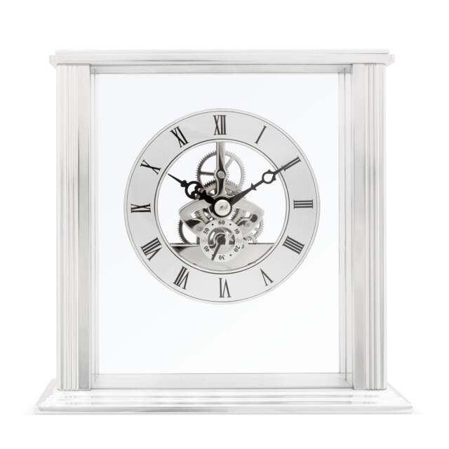 Acctim Vermont Mantel Clock Quartz Polished Metal Floating Effect Glass Front Silver