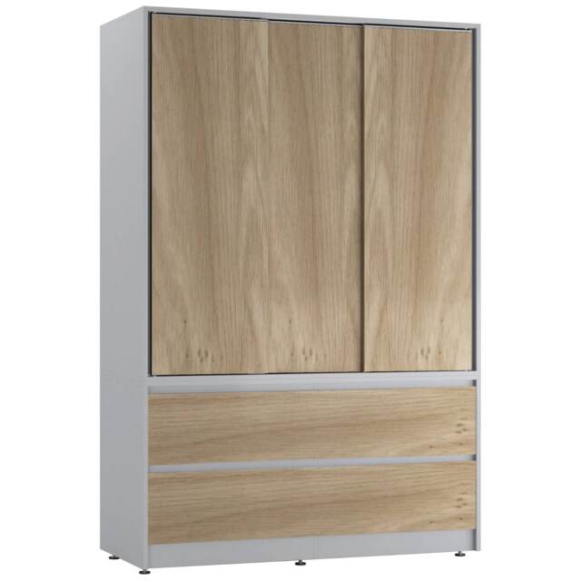 URBNLIVING 3 Sliding Door Wardrobe With 4 Drawers And Hanging Rail Grey Oak Drawers 1