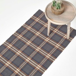 Homescapes Hamilton Handwoven Grey and Brown Tartan Cotton Runner - 66 x 200 cm Brown Grey & brown