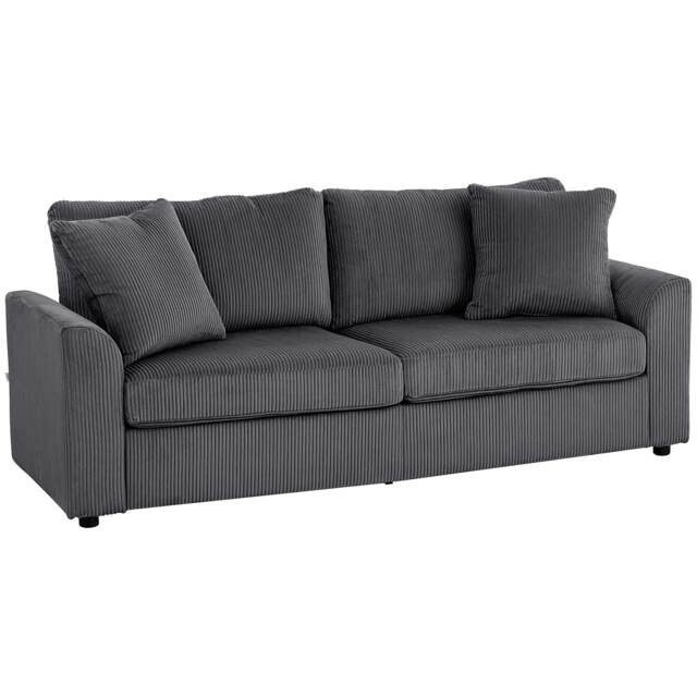 HOMCOM Modern 3 Seater Sofa with Spring Cushion, 212 cm Fabric Jumbo Cord Sofa Couch with 2 Scatter Cushions, Upholstered Corduroy Settee for Living Room, Bedroom, Home Office, Grey Grey One Size