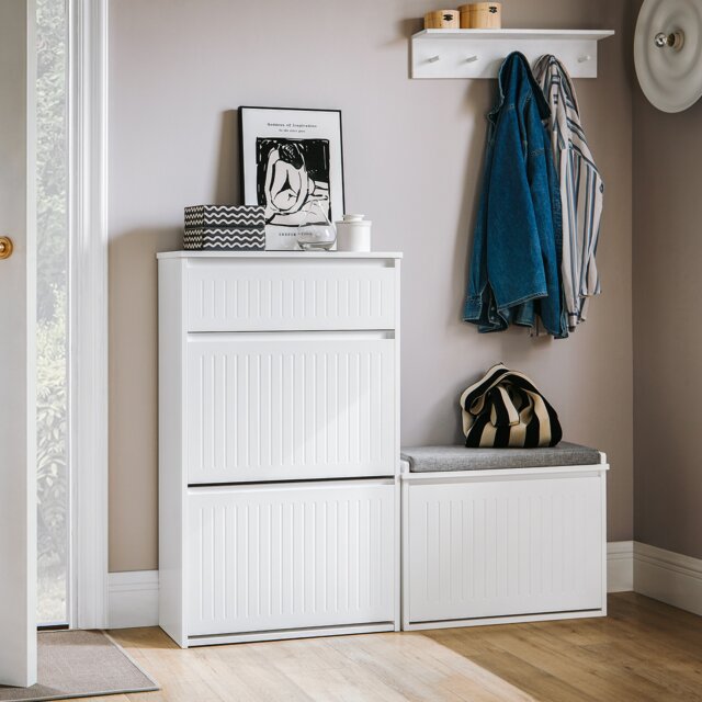 SoBuy Narrow Shoe Storage Cupboard – 2 Flip Drawers & Pull-Out Drawer, White, 24.0x10.2x39.4 in, 22.6 kg - FSR165-W