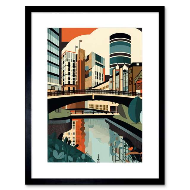 "Birmingham City Centre Canal Geometric Cityscape 9x7"" Black Framed Wall Art Print"