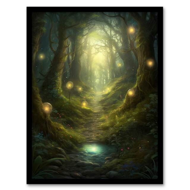Enchanted Forest Path Oil Fantasy Landscape Black Framed Wall Art Print A4
