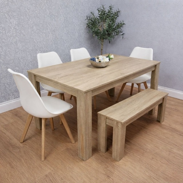 Dining Table and 4 Chairs With Bench Oak Effect Wood 4 White Plastic Leather Chairs Dining Room